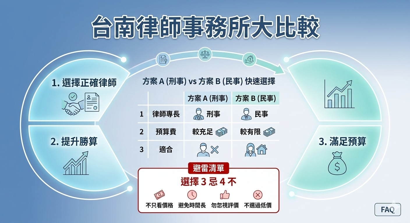 台南律師事務所提供專業的法律服務，無論是刑事案件還是民事訴訟，都能依據客戶的需求提供量身訂製的法律解決方案。選擇合適的律師事務所對於案件的結果至關重要，因此，了解不同律師的專長和費用結構，是選擇台南律師事務所的關鍵因素之一。無論您的案件簡單或複雜，都能找到符合預算與需求的最佳律師團隊。